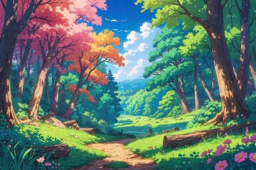 Vibrant Anime Woodland Landscape Illustration in Idyllic Cartoon Style
