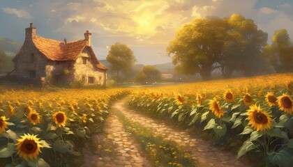 House on a beautiful farm with sunflowers