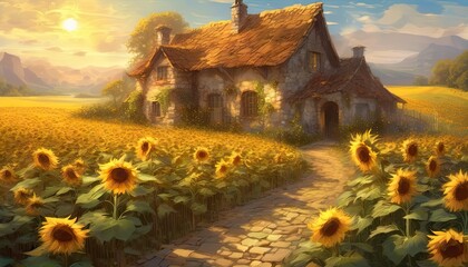 House on a beautiful farm with sunflowers