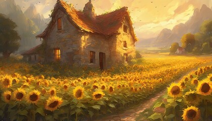 House on a beautiful farm with sunflowers