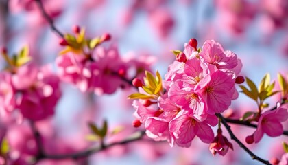 Close-up of vibrant pink cherry blossoms against a soft, blurred background, petals, background