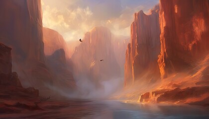 Beautiful landscape with a bird flying in a valley