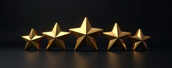 Elegant five gold stars on sleek black background, achievement, recognition