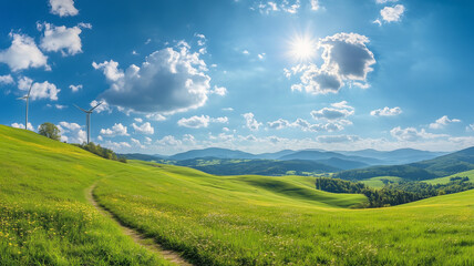 Obraz premium panoramic view of wind farm on rolling green hills under bright blue sky. landscape features lush grass, distant mountains, and fluffy clouds, creating serene and peaceful atmosphere