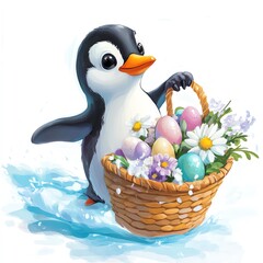 Naklejka premium A cheerful penguin carrying a basket filled with colorful eggs and flowers.