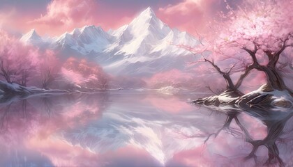 Beautiful landscape with mountains, river, and pink trees