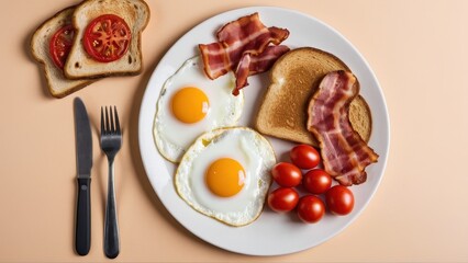  A hearty top-view of a classic full English breakfast on a warm cream background