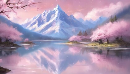 Beautiful landscape with mountains, river, and pink trees