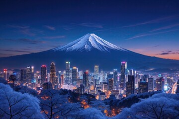 Breathtaking Twilight Views of Mount Fuji in a Glowing Retro Cityscape