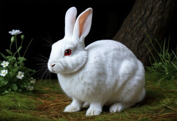 A white rabbit sits in the grass near the tree