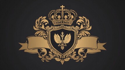 Grand heraldic crest with royal insignia symbolizing power leadership and prestige in a minimalist vector style