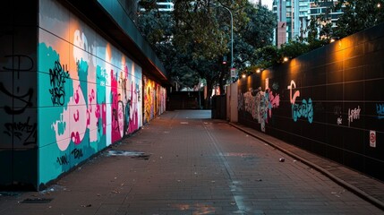 Fototapeta premium Urban Alleyway Graffiti Art Vibrant Colors Street Art Cityscape Photography