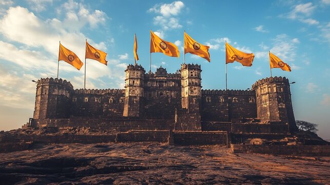 Grand Maratha fortress standing tall against the sky symbolizing the heritage and bravery of Maharashtras warriors with saffron flags flying high