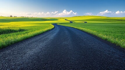 Obraz premium Asphalt Road Winding Through Verdant Fields Under a Blue Sky