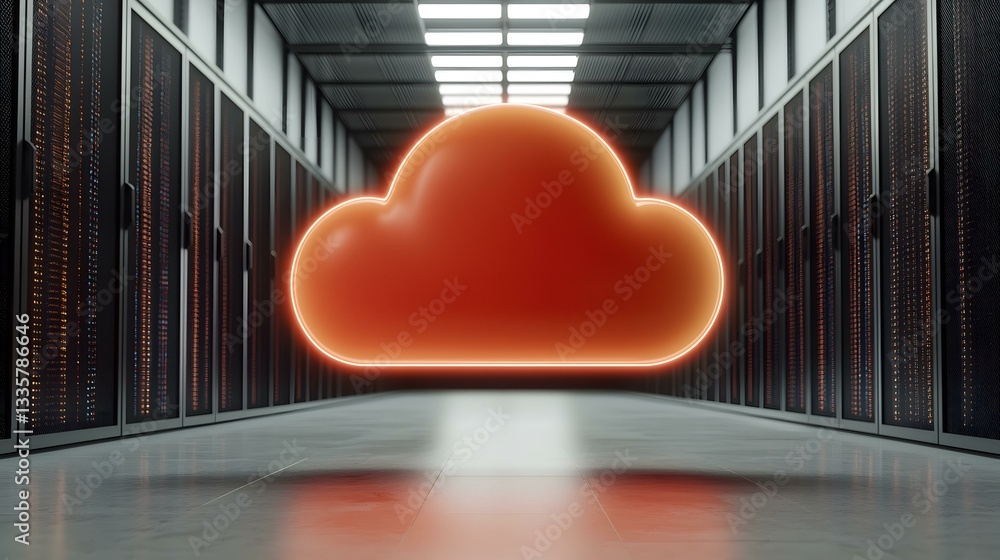 Poster a glowing orange cloud icon floats in the center of a sleek server room corridor, symbolizing the co