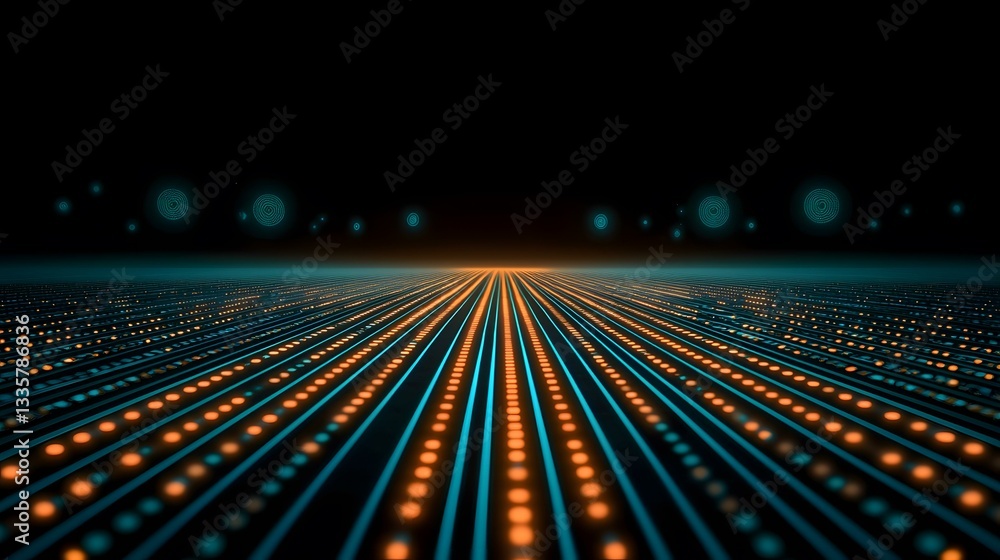 Poster the image shows a dark background with numerous parallel lines of teal and orange lights converging 