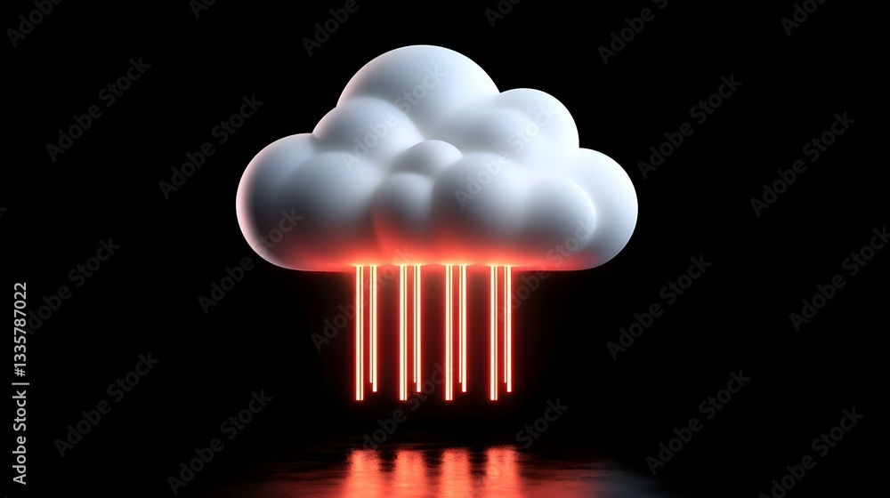 Poster a 3d rendering of a white cloud shape with several bright orange neon lights extending downwards fro