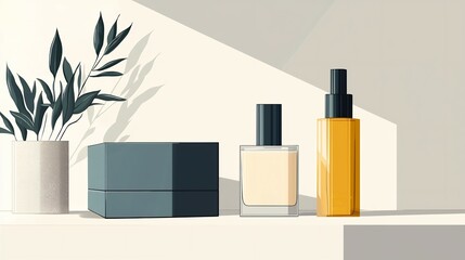 High end beauty product illustration displaying a stylish facial skincare box alongside a sleek minimalist lotion bottle with a contemporary design
