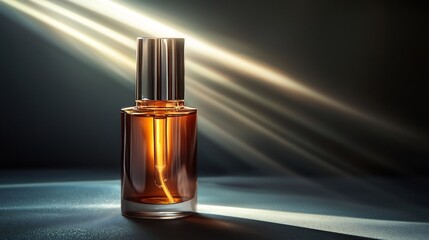 Naklejka premium High end facial serum bottle with a metallic pump cap illuminated by gentle light rays emphasizing its premium glass texture