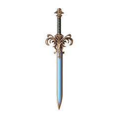 A decorative sword with intricate designs on the hilt, featuring a shiny blade that reflects light.