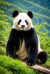 Obraz premium The panda sits on a log in the middle of the grass