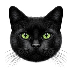 A striking black cat's face features vibrant green eyes and distinct whiskers, showcasing its captivating expression.