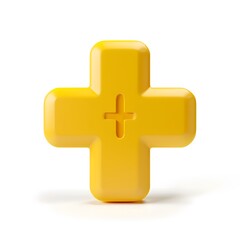 Obraz premium Bright Yellow 3D Plus Sign Symbol on White Background for Design