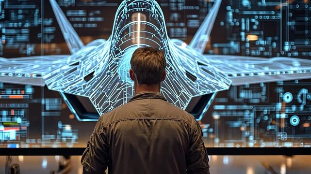 Vision of Aerospace: An aerospace engineer stands before a sophisticated, illuminated schematic, showcasing the intricacies of a cutting-edge aircraft design, highlighting innovation.