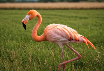 Obraz premium A flamingo stood in the grass of the field