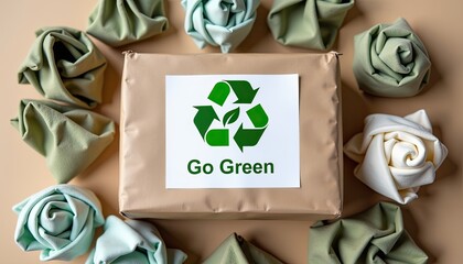 Recyclable package with 'Go Green' text and leaf icon surrounded by fabric flowers  