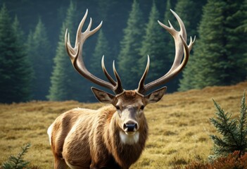 A deer antler stood in the field and was very large