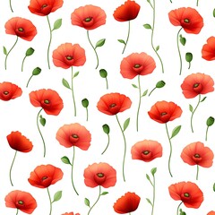 Fototapeta premium Vibrant Red Poppies in a Seamless Pattern on a Clean White Background for Floral Design Projects