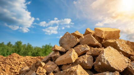 Pile of Natural Stone Boulders Against Blue Sky and Sunshine Background