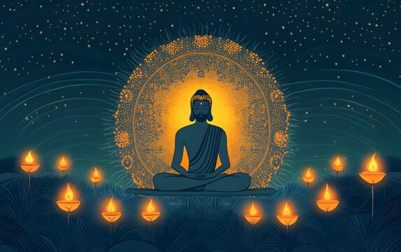 A sacred illustration of Lord Ayyappa seated in meditation, glowing lamps surrounding him, radiating peace and divine wisdom.