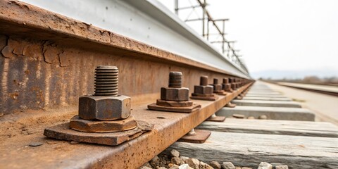 Close-Up of Rusty Train Tracks and Bolts on a Cloudy Day