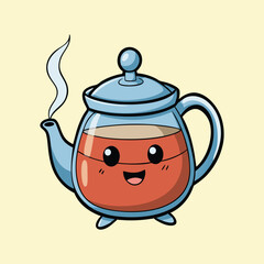 Cute cartoon teapot with tea and steam