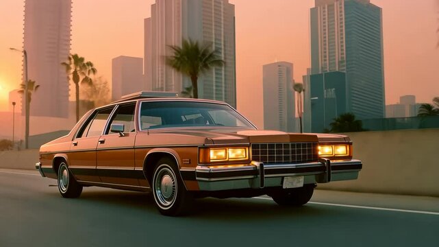 Expesive retro car in 70s style on the urban street with orange sky