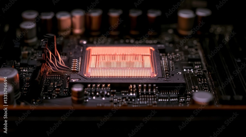 Poster high resolution close up of illuminated microchip on motherboard
