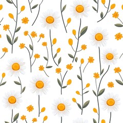 Bright Yellow Flowers and White Daisies with Green Leaves on a White Background Pattern Design