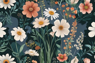 Trendy Wildflower Botanical Background for Wall Art and Invitations with Elegant Blooms