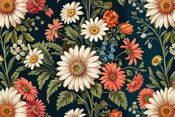 Exquisite Vintage Floral Design Featuring Daisies and Lush Botanicals