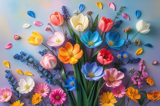 Charming Spring Floral Arrangement with Vibrant Petals on Soft Pastel Background
