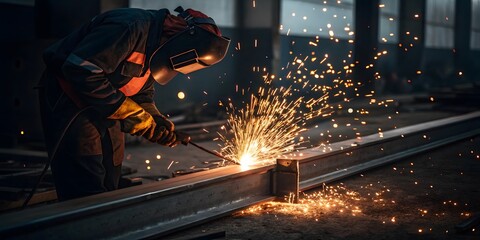 Skilled Welder Working with Metal Sparks in Industrial Workshop