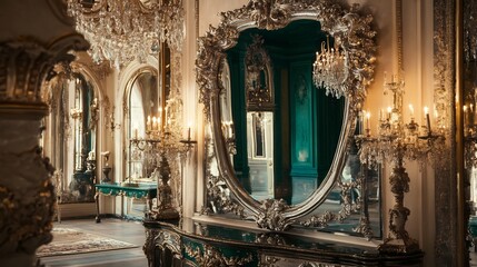 Luxurious antique mirror with an elaborate silver and emerald green frame set in a grand palace interior with chandelier reflections
