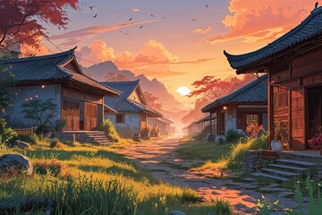 Obraz premium Serene Sunrise in Rustic Village Featuring Digital Art of Asian Architecture and Natural Scenery