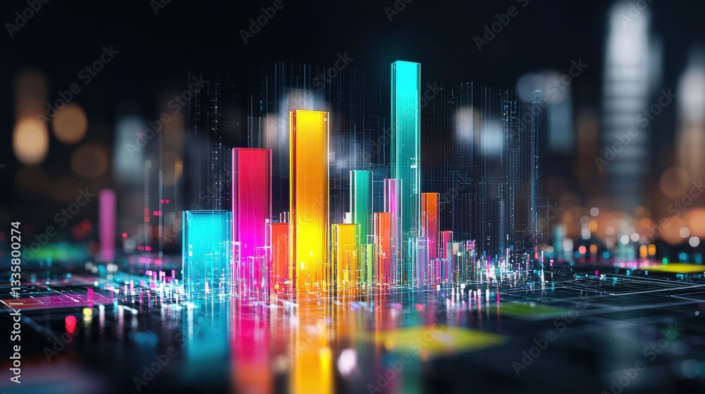 Poster a dynamic bar graph made from colorful glass, reflecting light in a cyberpunk setting.