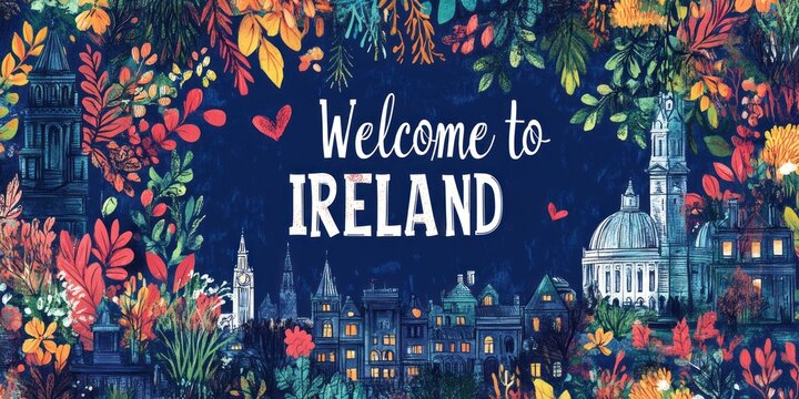 Welcome to Ireland art showcases buildings and foliage
