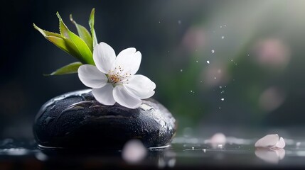 White Cherry Blossom on Dark Smooth Stone with Water Droplets