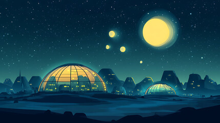 Futuristic cityscape under a starry night sky with glowing domes and distant celestial bodies