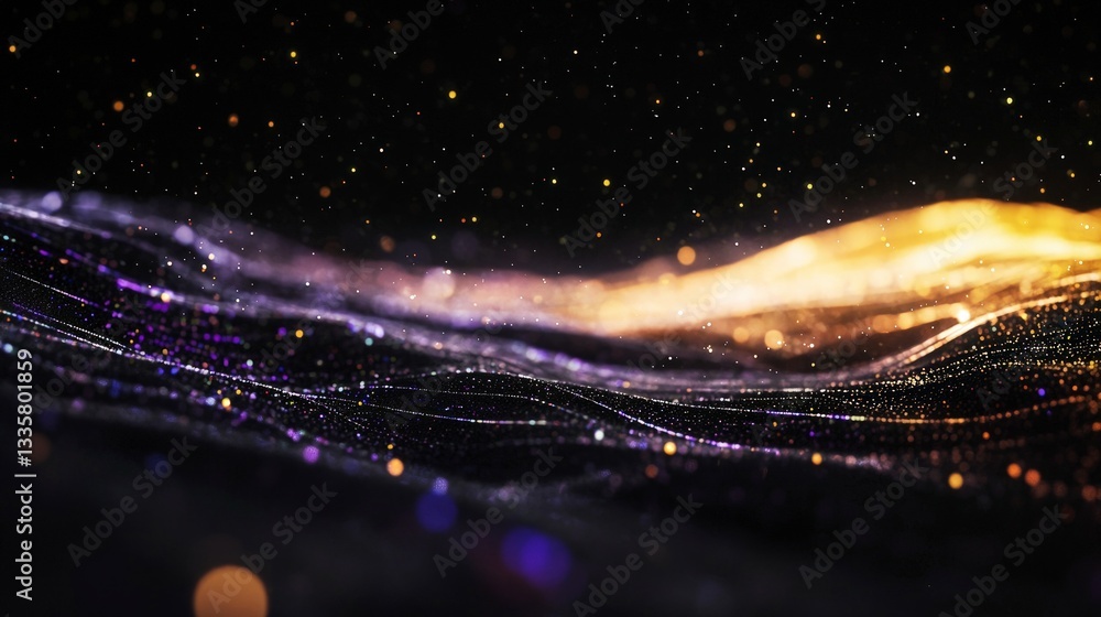 Poster abstract ai data waves golden purple particle flow background